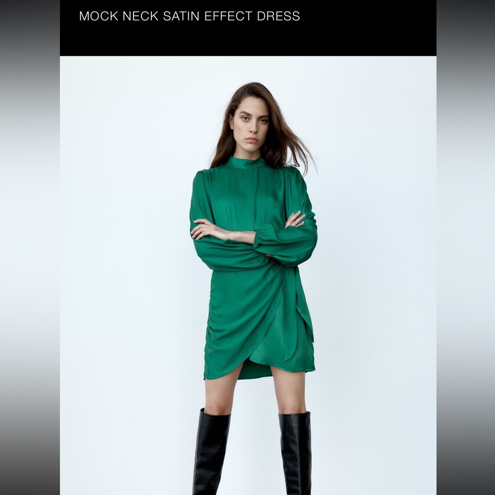 Zara green mock neck satin effect dress size M